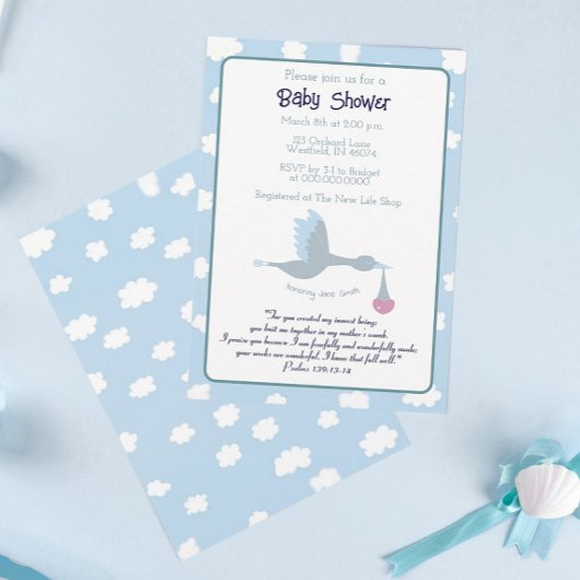 Baby Shower Stork Einladung Blue Sky Bible Verse