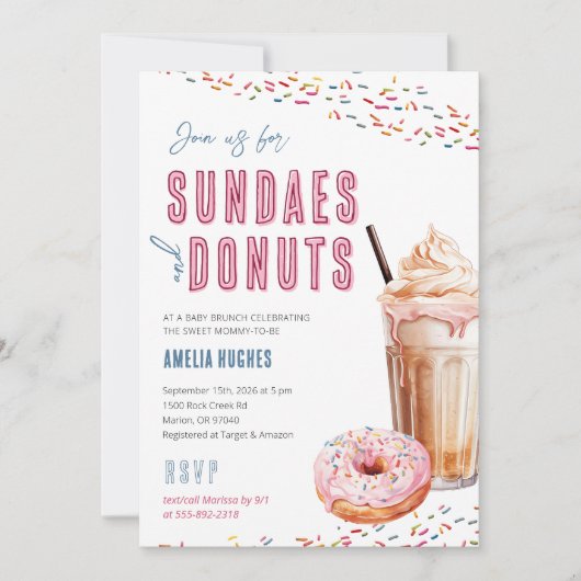 Baby Shower Sundaes Milkshakes Donuts Brunch Mitta Einladung (Vorderseite)