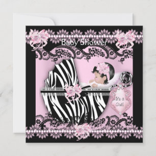 Baby Shower Süße Baby Mädchen Rosa Zebra Spitze NE Einladung