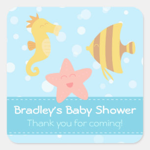 Baby Shower: Süße Cartoon-Meereslebewesen Quadratischer Aufkleber