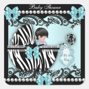 Baby Shower Süßer Baby Junge Blaues Zebra Spitze Quadratischer Aufkleber