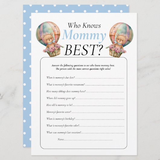 Baby Shower Teddy Ballons Junge, der Mama kennt Einladung (Vorne/Hinten)