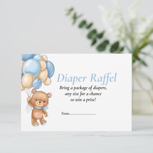 Baby Shower Teddy Balloons Blue Diaper Raffel Inv Einladung (Stehend Vorderseite)