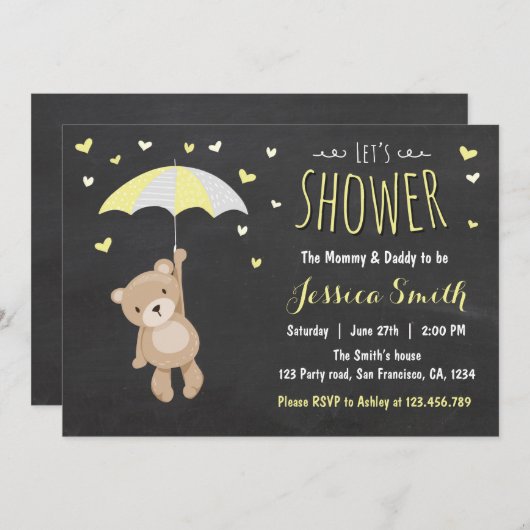 Baby Shower Teddy Bären Einladung Girl Boy Yellow (Vorne/Hinten)