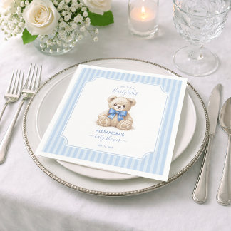 Baby Shower Teddy Bear & Blue Stripes Bearly Wait Serviette