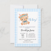 Baby Shower Teddy Bear Oh Boy Blue Gingham Dankeskarte (Vorderseite)