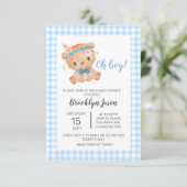 Baby Shower Teddy Bear Oh Boy Blue Gingham Dankeskarte (Stehend Vorderseite)