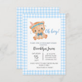 Baby Shower Teddy Bear Oh Boy Blue Gingham Dankeskarte (Vorne/Hinten)