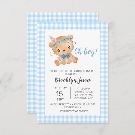 Baby Shower Teddy Bear Oh Boy Blue Gingham Dankeskarte (Vorne/Hinten)