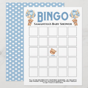 Baby-Shower-Teddybär-Junge-Sprudelndes-Blau-Bingo- Einladung
