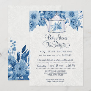 Baby-Shower-Teeparty Navy Blau Floral mit Teekanne Einladung