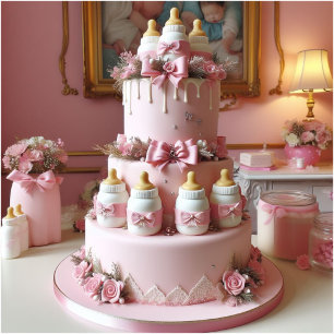 Baby-Shower-Torte mit rosa Dekoration und Babyflas Einladung