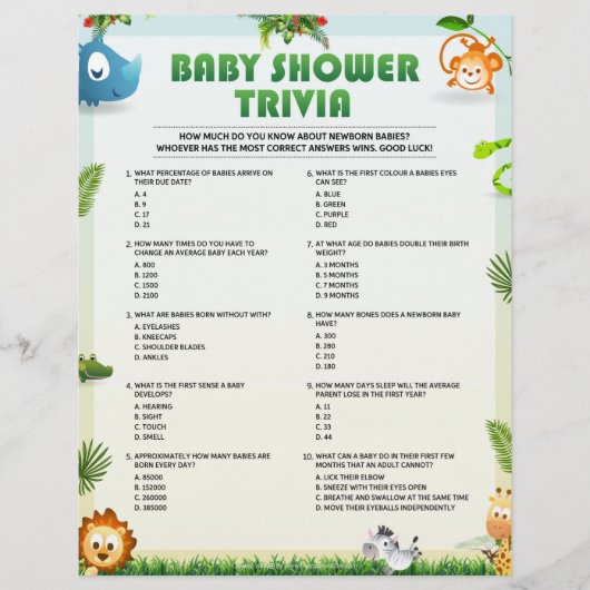 Baby Shower Trivia Baby Shower Game [Tierthema] Briefbogen (Vorderseite)