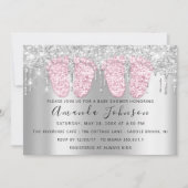 Baby Shower Tropfen Silver Gray Feet Twins Girls Einladung (Vorderseite)