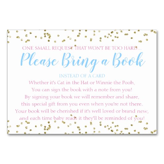 Baby Shower Twin Book Request Gold Confetti Tischnummer (Vorderseite)