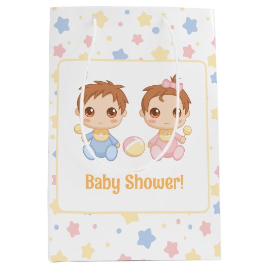 Baby Shower Twins Boy Girl Mittlere Geschenktüte (Vorderseite)
