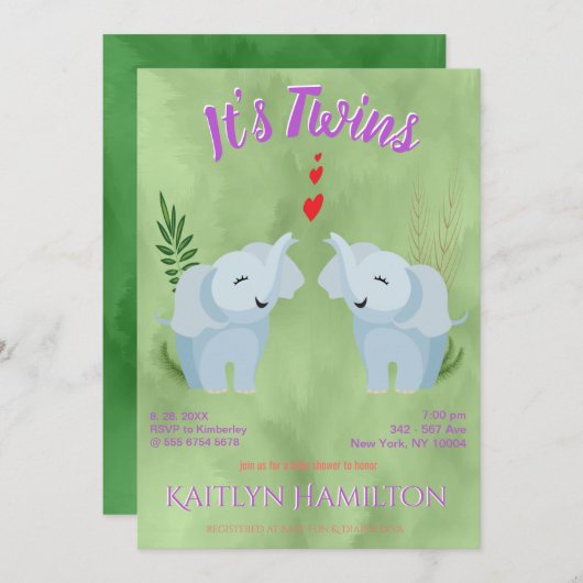 Baby Shower Twins Elephant Einladung (Vorne/Hinten)