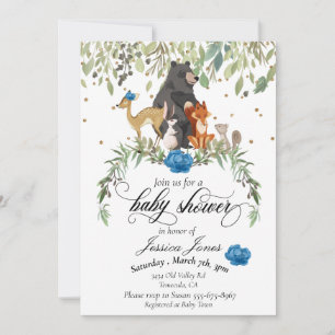 Baby Shower Waldtiere Blumen Blau Junge Einladung