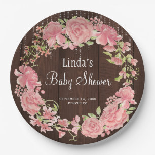 Baby Shower Wasserfarbe rosa floral Holz Pappteller