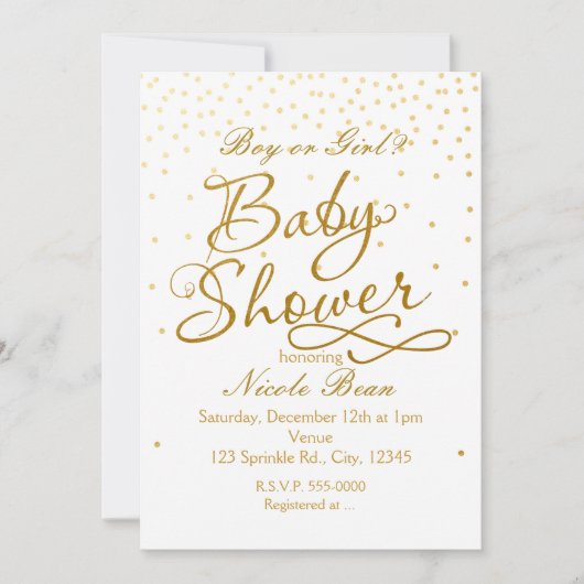 BABY SHOWER White & Gold Confetti Dot Einladungen (Vorderseite)