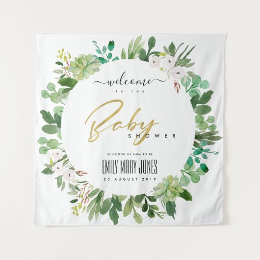 BABY SHOWER WILLKOMMEN IN WREATH FOLIAGE WATERCOLO WANDTEPPICH (Vorderseite)