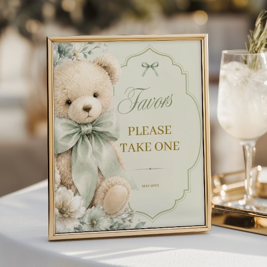 Baby-Shower-Willkommensschild Salbeigrüner Teddybä Poster