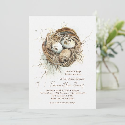 Baby Shower Woodland Bird Nest Einladung (Stehend Vorderseite)