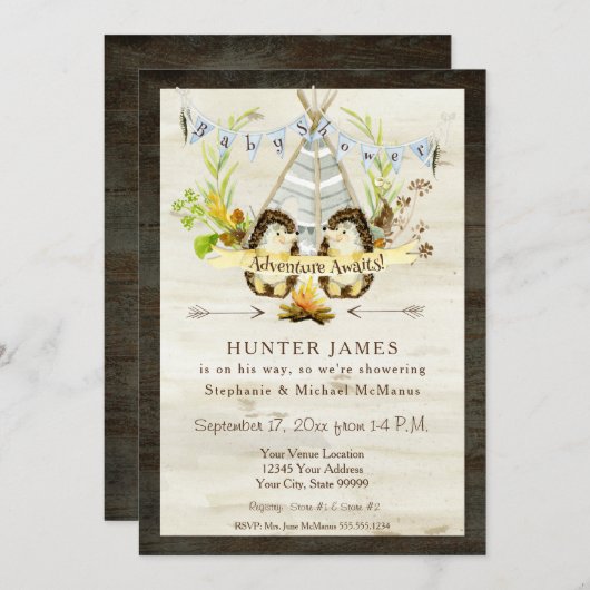 Baby Shower Woodland Forest Teepee Igel Wood Einladung (Vorne/Hinten)