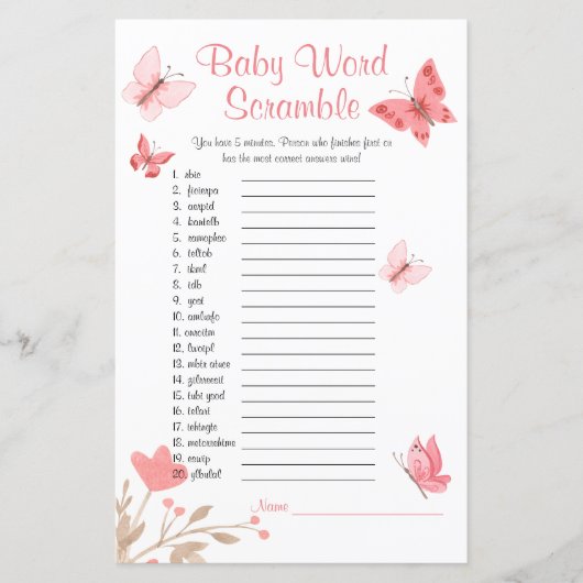Baby Shower Word Scramble Game Pink Butterfly (Vorderseite)