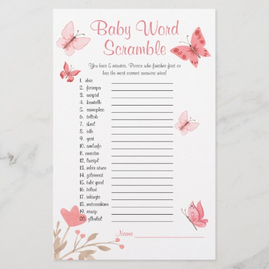 Baby Shower Word Scramble Game Pink Butterfly Flyer (Vorne)