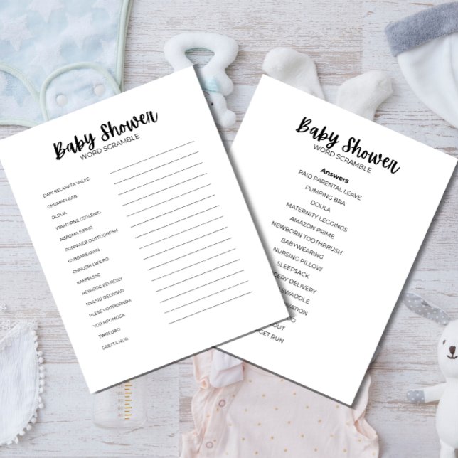 Baby-Shower-Wort-Scramble-Spiel Briefbogen (Baby Shower Word Scramble printable game details and answer sheet)