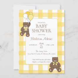 Baby Shower Yellow and White Plaid Teddy Bears Einladung