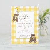 Baby Shower Yellow and White Plaid Teddy Bears Einladung (Stehend Vorderseite)