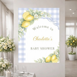 Baby Shower Zitronen blau Gingham-Schleife Junge W Poster