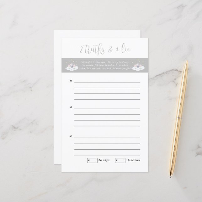 Baby Shower Zwei Wahrheiten und ein Lie Game Eleph (Vorderseite/Rückseite Beispiel)