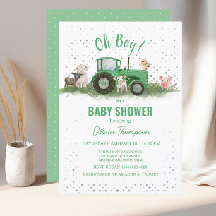 Baby Showfarm Animals Green Tractor Boy Einladung