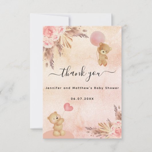 Baby Showgirl Teddy Bär Pampas Gras Blumenstrauß Dankeskarte (Vorderseite)