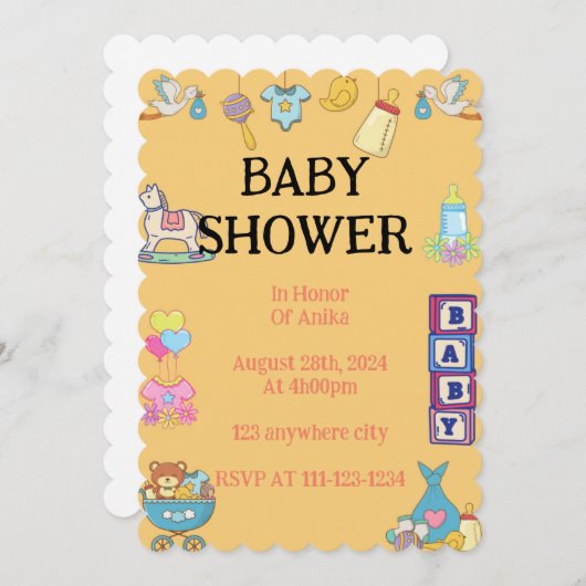 BABY SHOWING INVITATION, ORANGE INVITATION SAVE THE DATE (Vorne/Hinten)