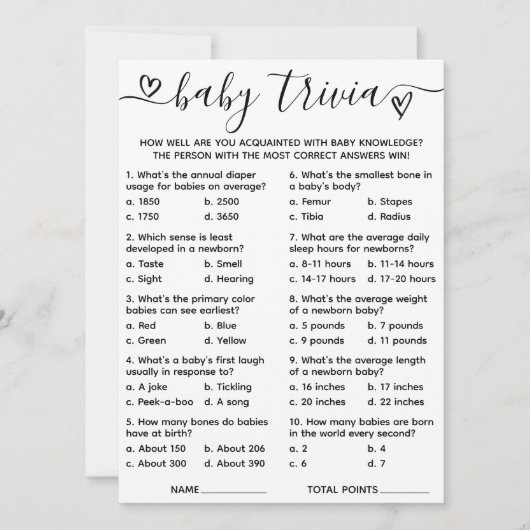 Baby Showkarte Trivia Game Card Einladung (Vorderseite)