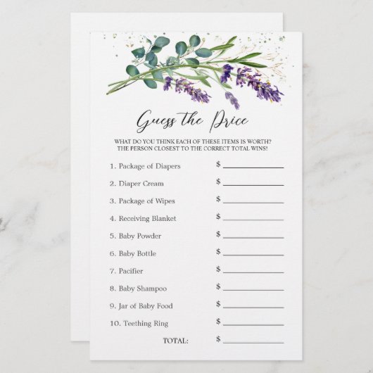 Baby Showrate Price Game Lavender Eucalyptus Briefpapier (Vorne/Hinten)