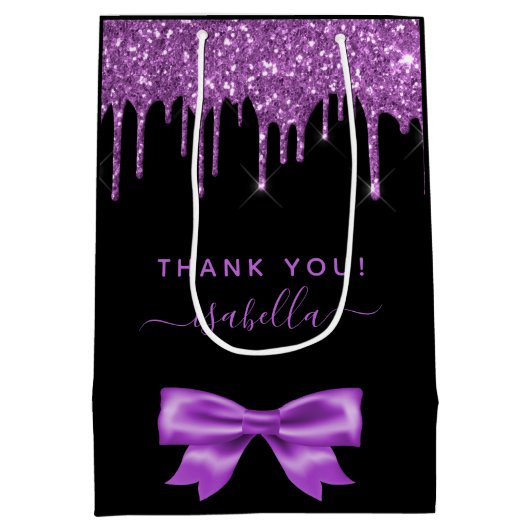 Baby Showschwarz lila Glitzer Danke für Ihre Unter Mittlere Geschenktüte (Rückseite)