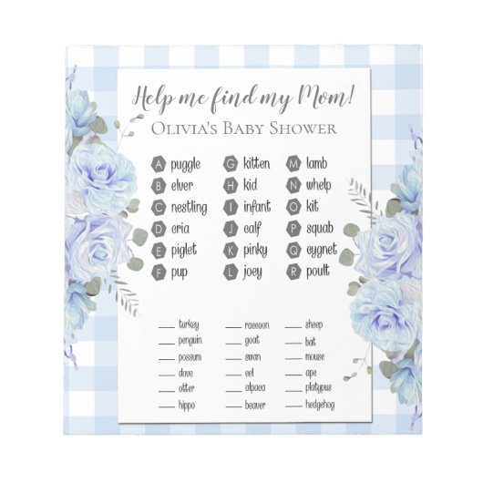Baby Showspiele Meine Mama Blue Rose Gingham Notizblock (Vorderseite)