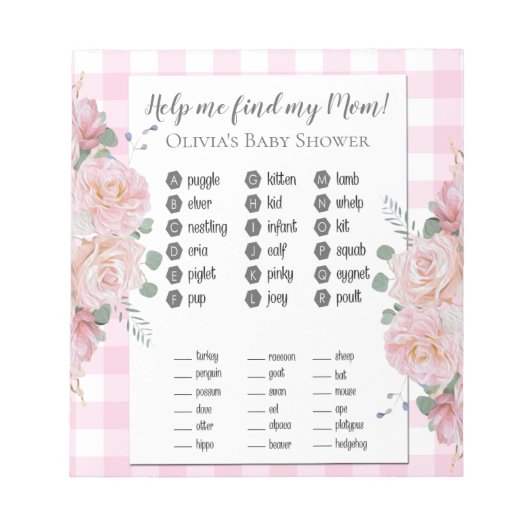 Baby Showspiele Meine Mama Pink Roses Gingham Notizblock (Vorderseite)