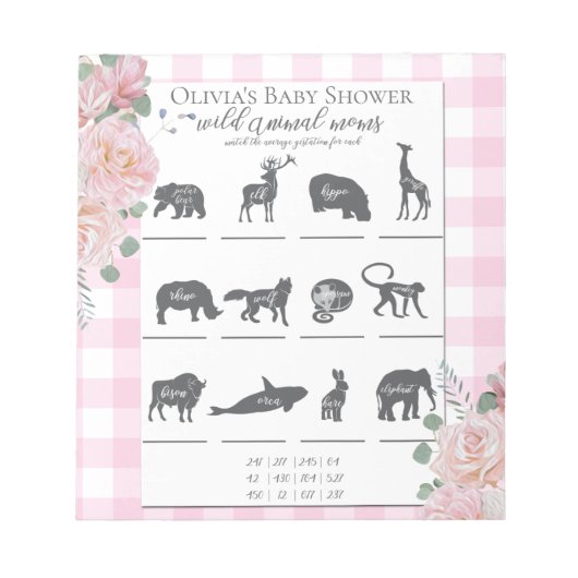 Baby Showspiele Pink Roses Gingham Notizblock (Vorderseite)