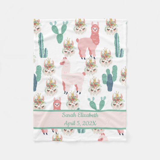 Baby sitzt Niedlich Pink Lama's and Green Cactus B Fleecedecke (Vorderseite)