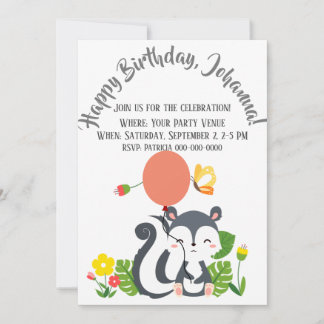 Baby Skunk, Butterfly & Blume Geburtstag Einladung