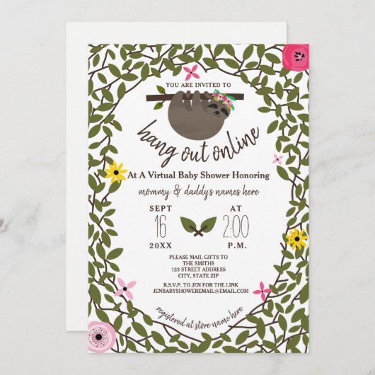 Baby Sloth Floral Virtual Online Girl Baby Dusche Einladung (Vorne/Hinten)