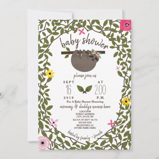 Baby Sloth Girl Babydusche Grüne Einladung (Vorderseite)