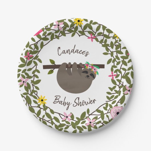 Baby Sloth Greenery Floral Baby Shower Pappteller (Vorderseite)