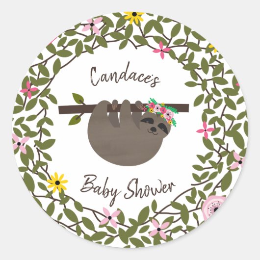 Baby Sloth Greenery Floral Baby Shower Runder Aufkleber (Vorderseite)